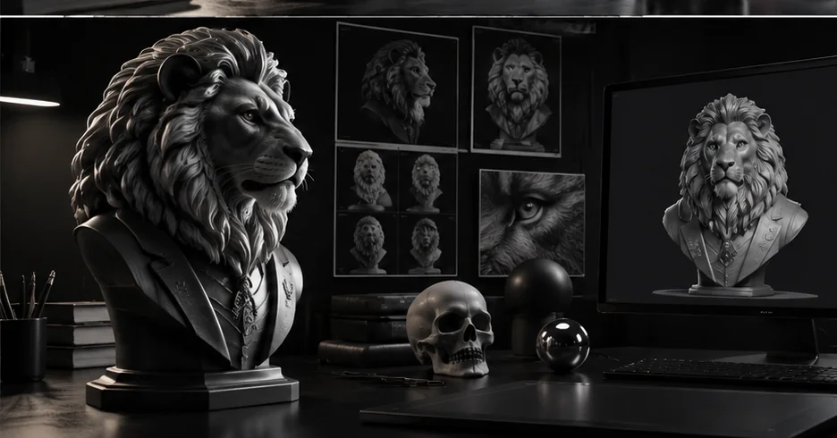 3D baskı için modellenmiş ayrıntılı aslan büstü